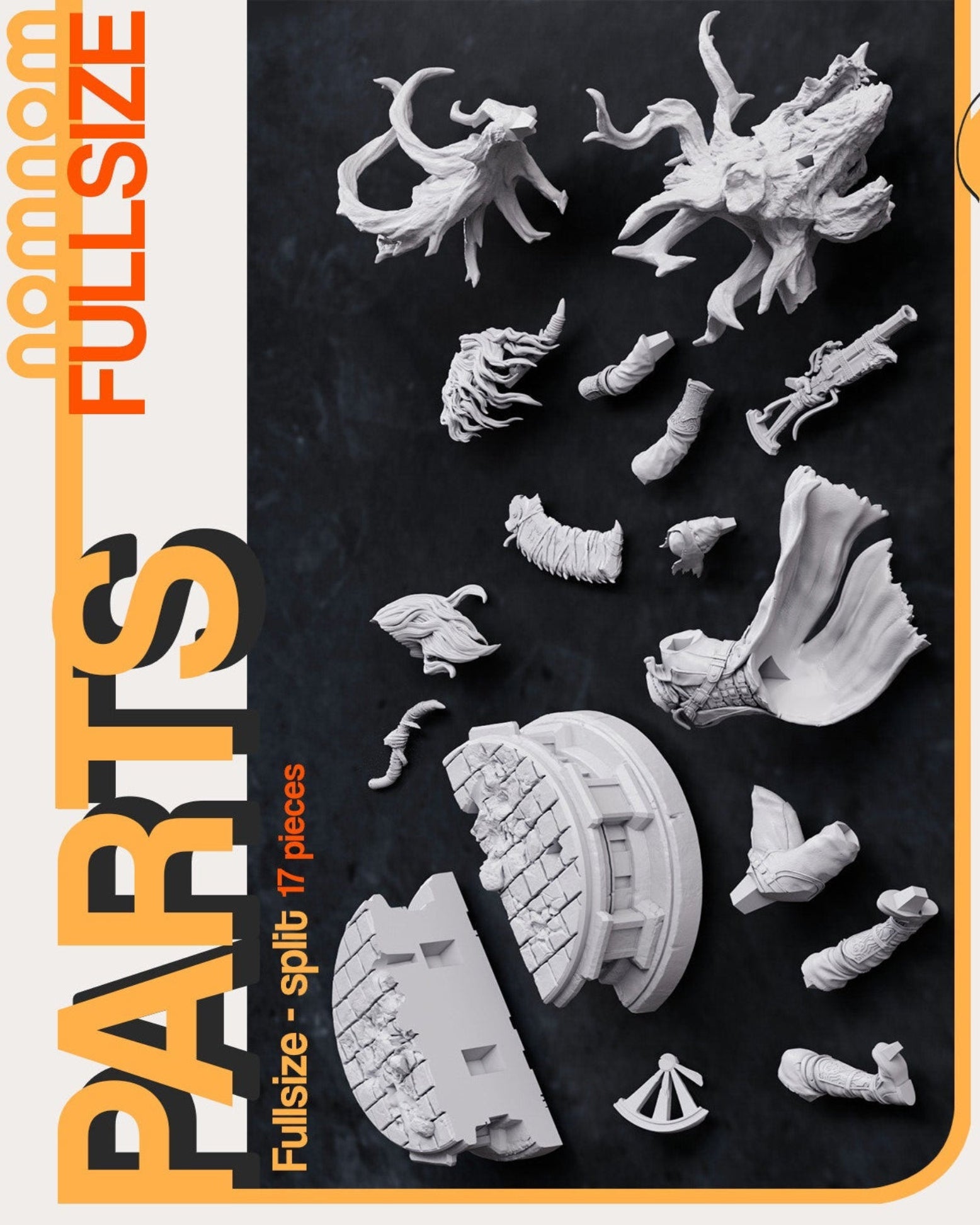 Collection of miniature parts and figures on a black background with 'nomnom' branding.